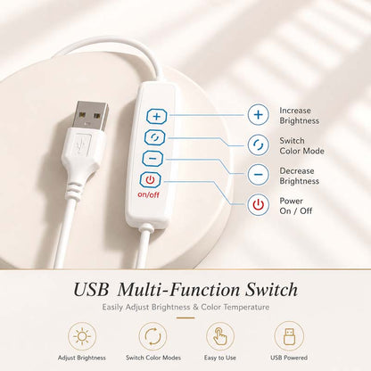 The Retro Sandwich Glass Table Lamp multifunctional USB controller, shown with a USB cable. Text explains the buttons' functions: increase brightness, switch color modes, decrease brightness, and power on/off.