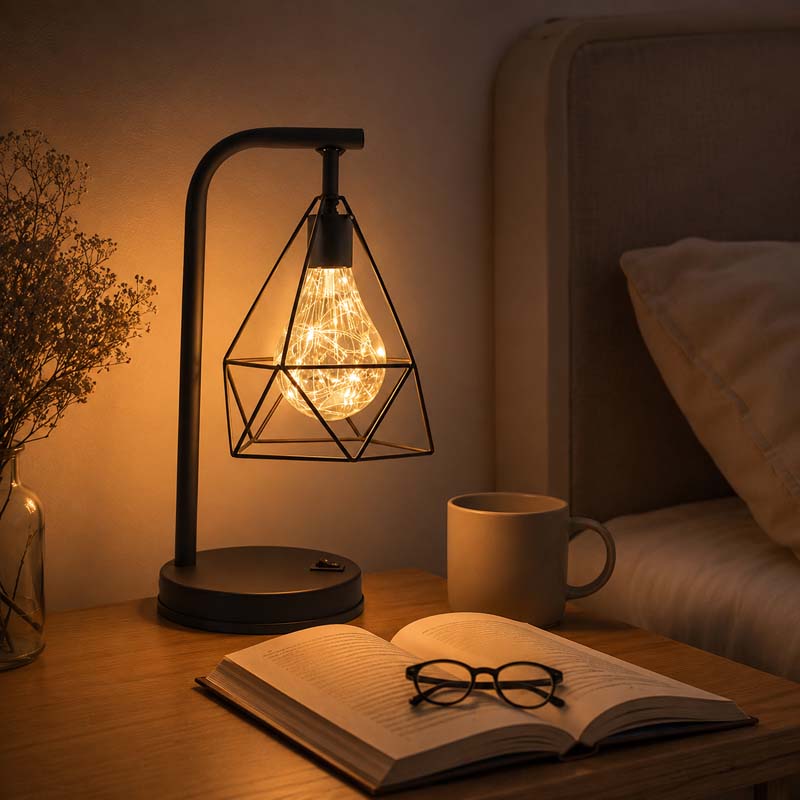 Black Geometric Loft LED Table Lamp on a bedside table next to a book