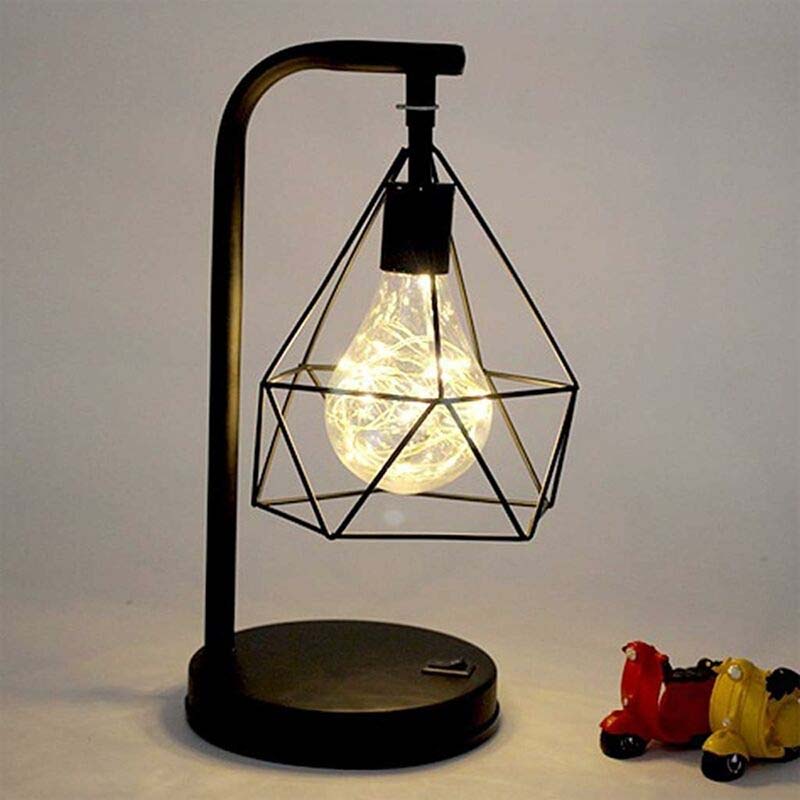 Black Geometric Loft LED Table Lamp in Wrought Iron with Battery Power