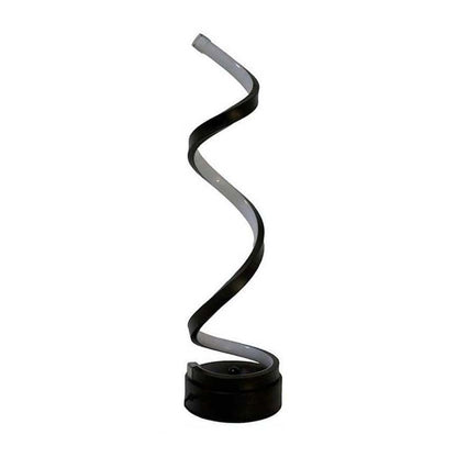 A modern spiral LED floor lamp with a black base and a twisting spiral shade that transitions from black to gray, shown against a plain white background.
