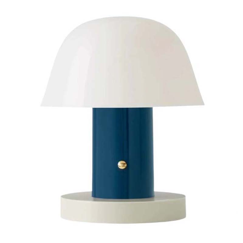 Nordic Mushroom LED Table Lamp with Glossy White Dome Shade, Dark Blue Cylindrical Base and Round White Base