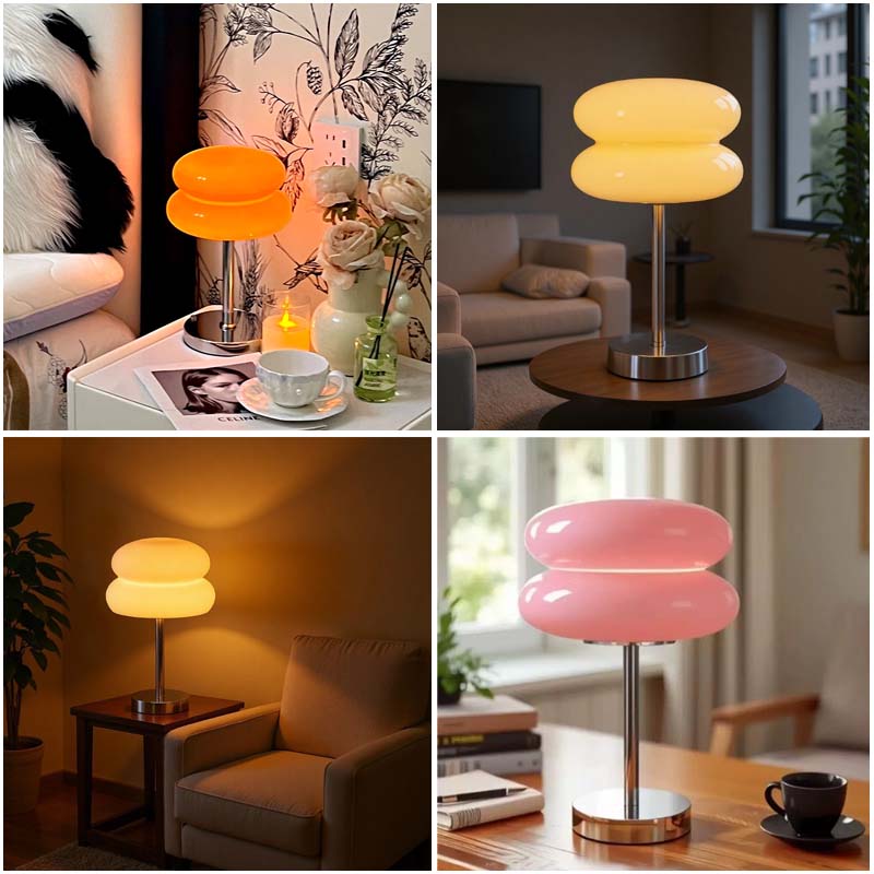 A collage showing the Retro Sandwich Glass Table Lamp in different real-life settings.