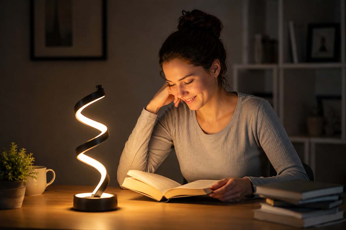A woman reading a book at a wooden desk, illuminated by a modern spiral-shaped LED desk lamp with a black body and glowing white light. The scene is set in a cozy, dimly lit room with shelves and framed pictures in the background.