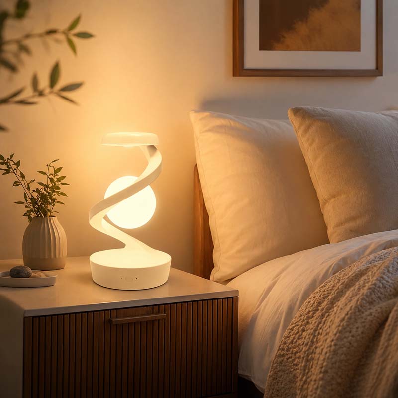 The Saturn Helix – LED Desk Lamp with Wireless Charging sits on the nightstand next to a bed dressed with beige linens and pillows.