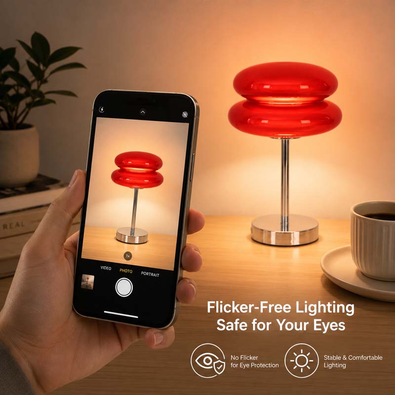 A man holds a smartphone with an image of a Retro Sandwich Glass Table Lamp on its screen, along with a similar lamp lit on a wooden table in a warm room. The caption on the image reads, "Flicker-free, safe for your eyes."