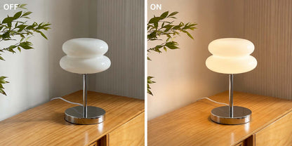 Two panels compare the Retro Sandwich Glass Table Lamp. The left panel shows the lamp in the "OFF" position, while the right panel shows the lamp in the "ON" position on a wooden table.