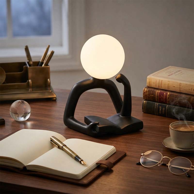Black Thinker Statue LED Table Lamp sits on a wooden table next to an open notebook, pen, books, glasses and a cup of coffee.
