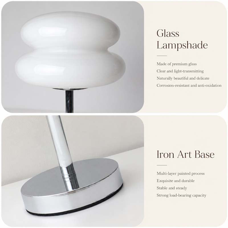 Retro Sandwich Glass Table Lamp features a two panel design with a glossy white glass shade and a polished silver iron base.