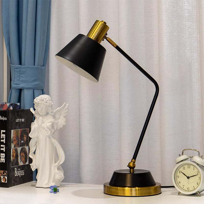 A black Modern Adjustable LED Reading Desk Lamp sits on a tabletop next to a white angel figurine, a clock, and blue curtains.
