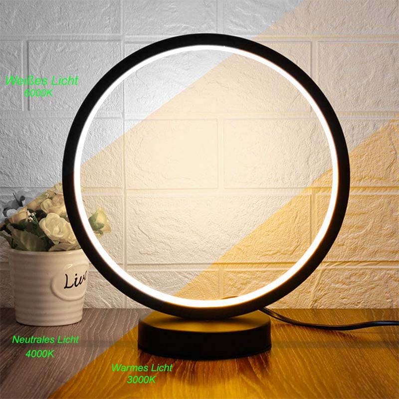 Modern LED ring table lamp with adjustable color temperature 3000K–6000K, minimalist desk lighting for home and office