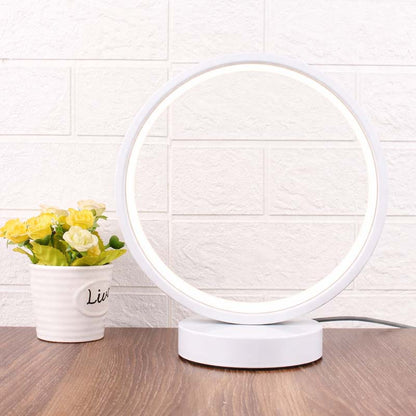 Modern LED ring table lamp, minimalist white circular ring light, Scandinavian style desk lamp for bedroom or living room decor