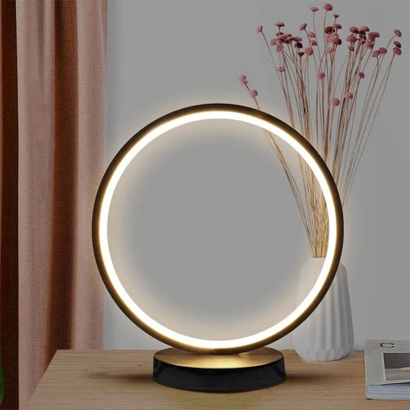 Modern black LED ring table lamp with warm light, stylish ring desk lamp for bedroom, living room or bedside lighting