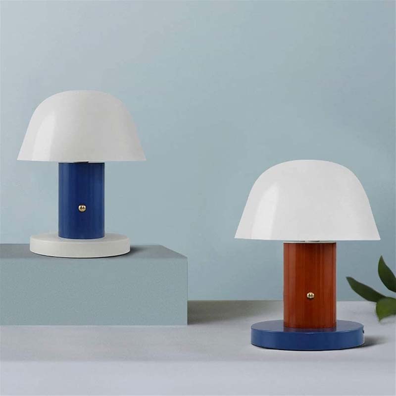 Two Nordic Mushroom LED Table Lamps are depicted on a light gray background of a pale blue wall.