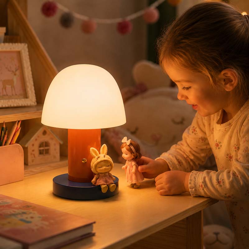 A little girl with brown hair sits at a wooden table, looking at a small doll, and the warm light of the Nordic Mushroom LED Table Lamp illuminates the scene.