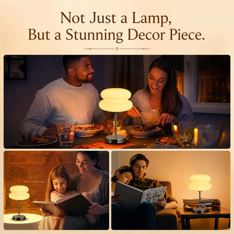 A promotional collage for the Retro Sandwich Glass Table Lamp, titled "Not just a lamp, but a stunning decorative element." The main product is presented in three everyday scenes.