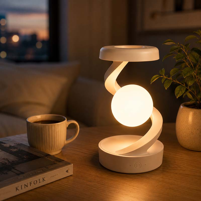 The Saturn Helix – LED Desk Lamp with Wireless Charging sits on a wooden table in a cozy room setting next to a mug, book, and houseplant.