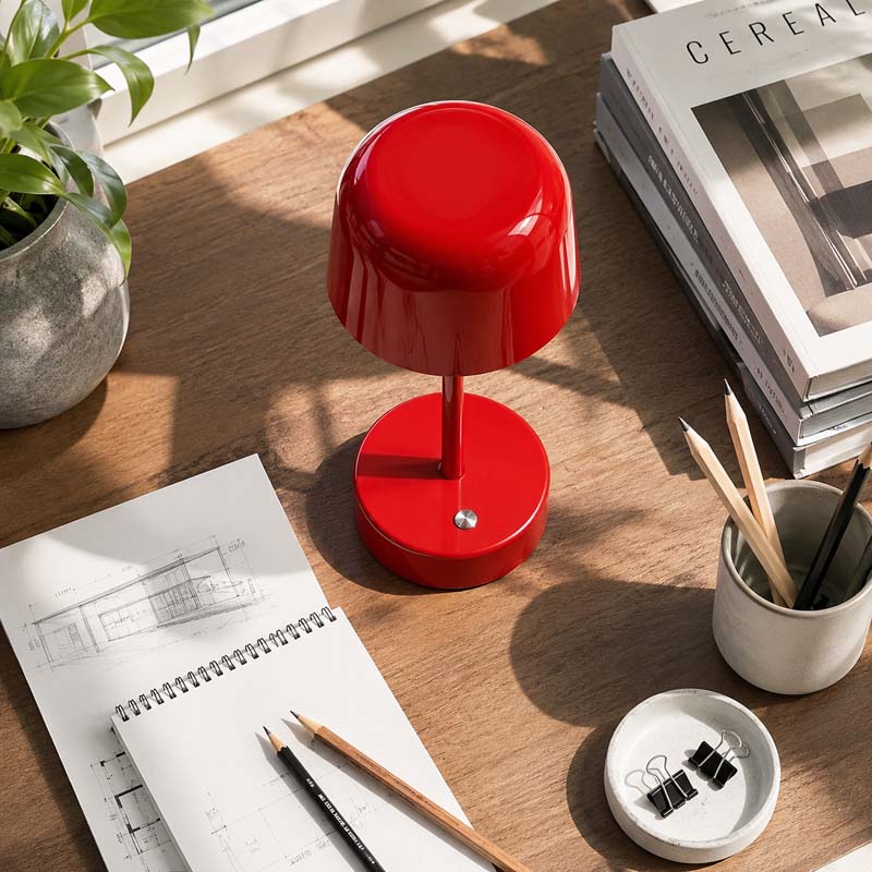 A red Rechargeable Cordless Touch LED Table Lamp sits on a wooden table surrounded by notepads, pencils, a small plate, and a plant.