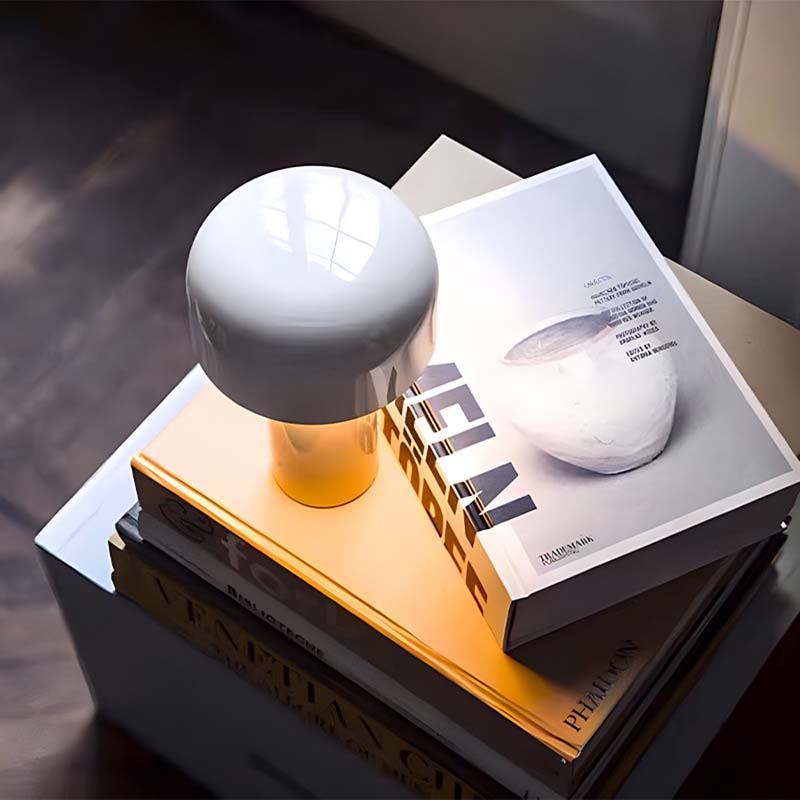 Rechargeable Mushroom LED Table Lamp sits on a stack of books