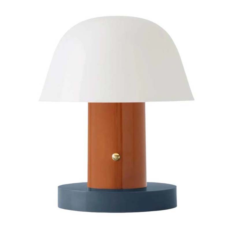 Nordic Mushroom LED Table Lamp with White Dome Shade, Warm Brown Wood Column, Round Navy Gray Base