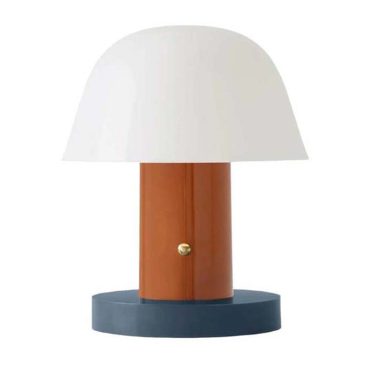 Nordic Mushroom LED Table Lamp with White Dome Shade, Warm Brown Wood Column, Round Navy Gray Base