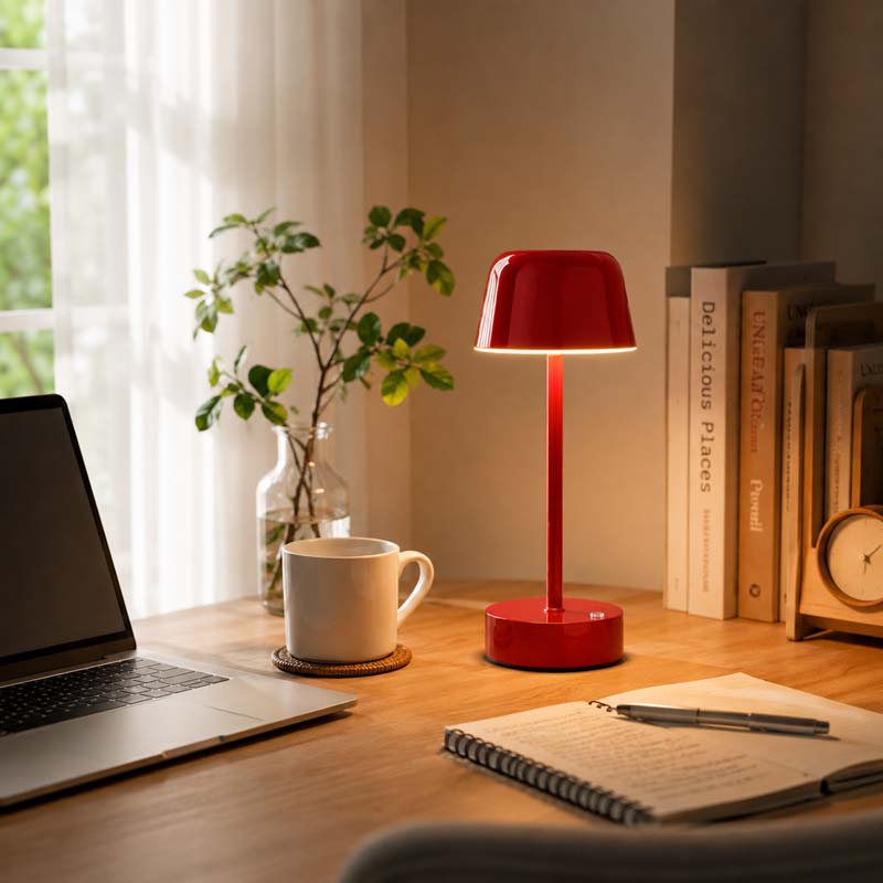 A red Rechargeable Cordless Touch LED Table Lamp, emitting warm white light, sits on a wooden table.