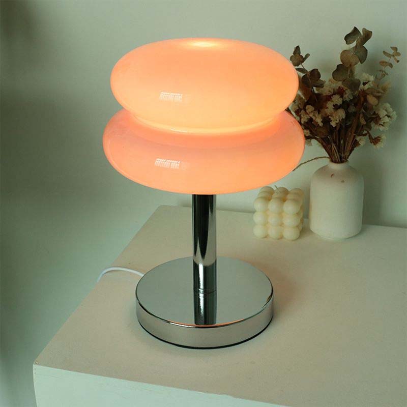 Retro Sandwich Glass Table Lamp on White Surface.