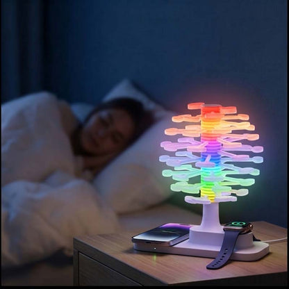 Spiral Tree LED Desk Lamp sits on a wooden bedside table next to a smartphone and smartwatch, with a person sleeping in bed in the background.