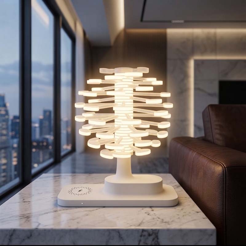 Spiral Tree LED Desk Lamp placed on a white marble side table in a modern living room with a brown leather sofa and large windows overlooking the cityscape.