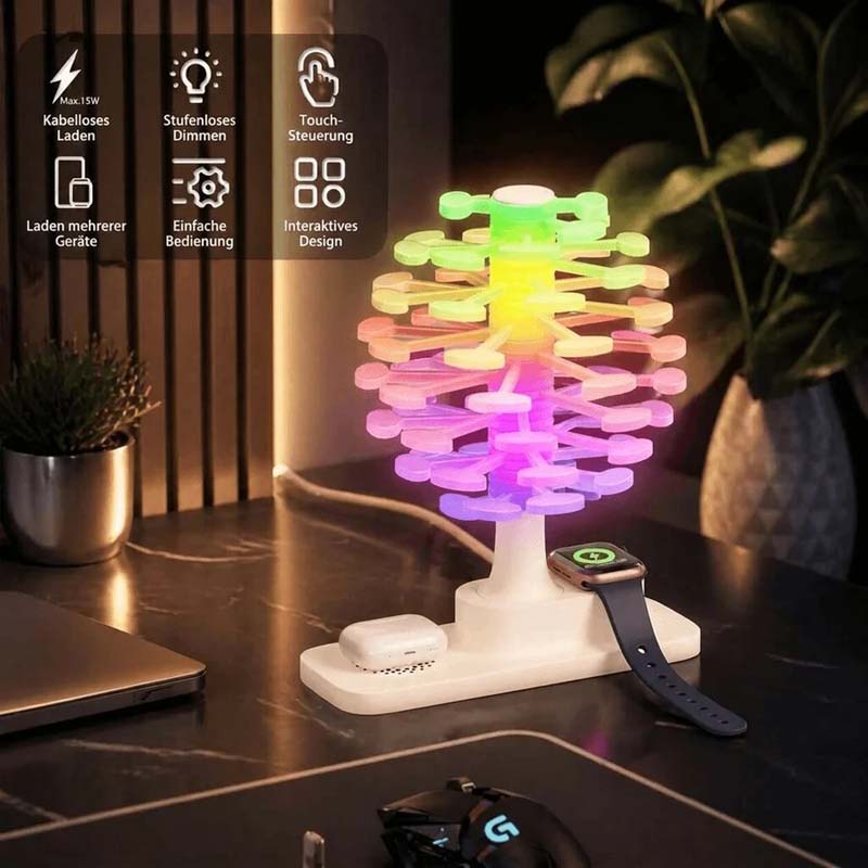 Spiral Tree LED Desk Lamp with charging station, smartwatch and AirPods on a dark surface.