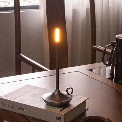 Modern table lamp with a warm glow on a book, set against a blurred indoor background.