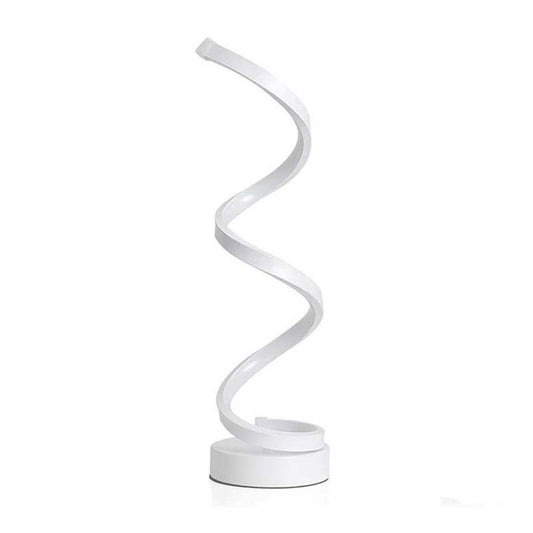 A modern white spiral LED desk lamp with a circular base, shown against a plain white background.